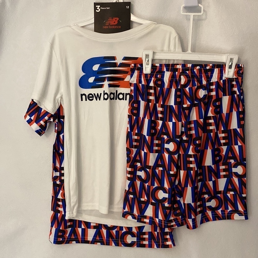 New Balance Boys 3pc Multicolored white , Blue, Black& Orange Short Set Size 12.